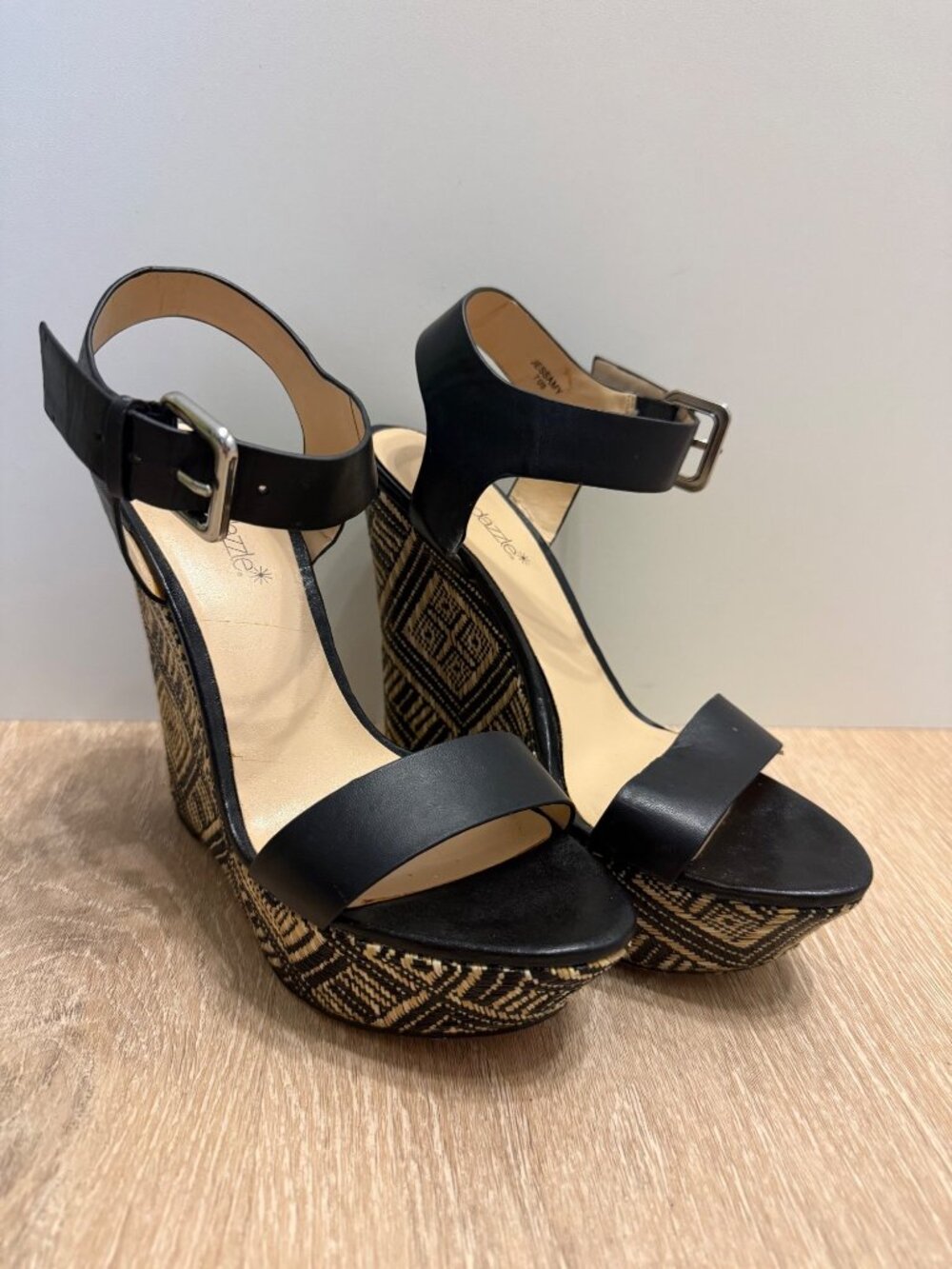 ShoeDazzle Black Wedge Sandals With Geometric Pattern Heel & Ankle Strap - 7